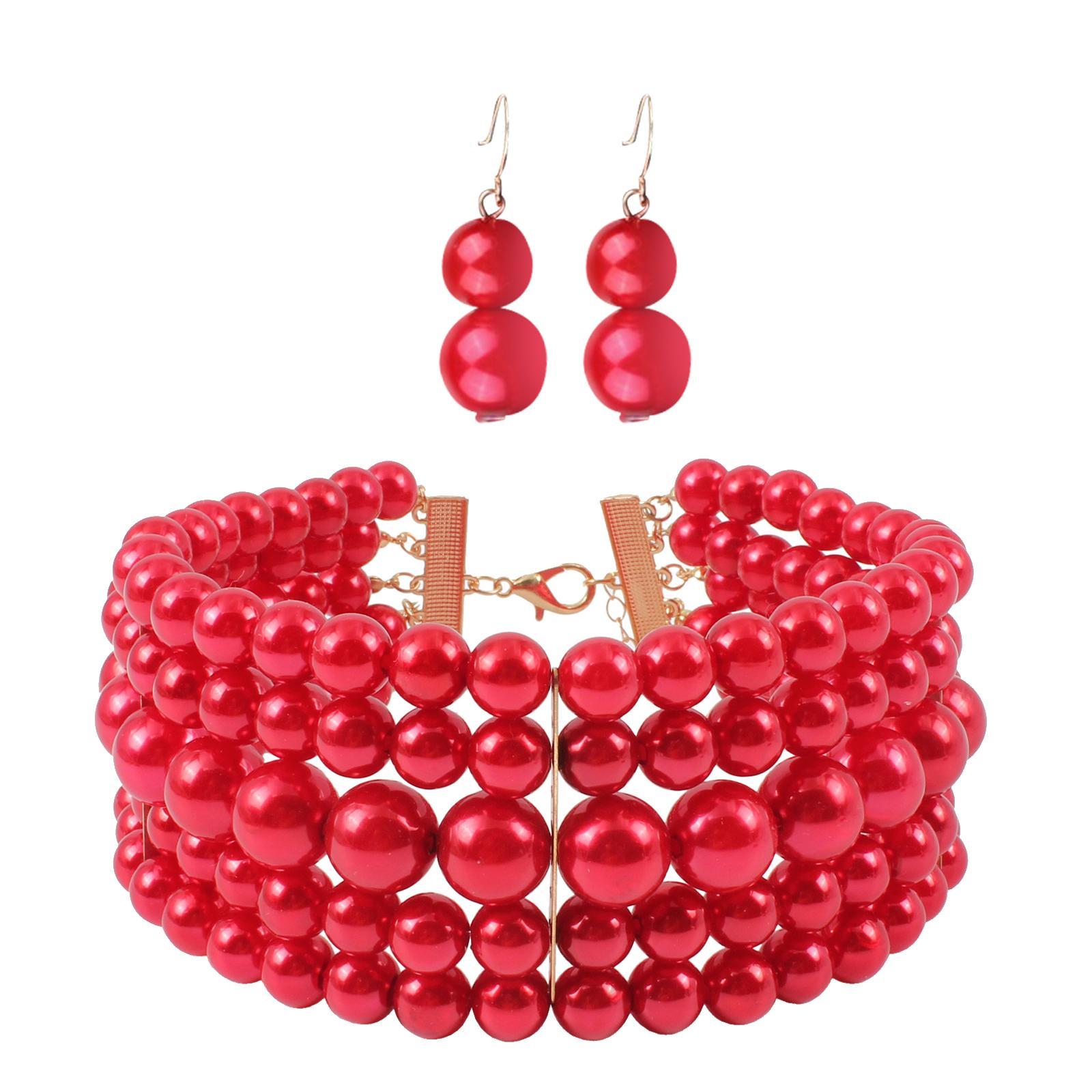 Fashion Pearl Choker Necklace and Earrings Set Round Imitation Pearl Multi Strands Costume Jewelry Set for Prom Bridal Gift Themed Party