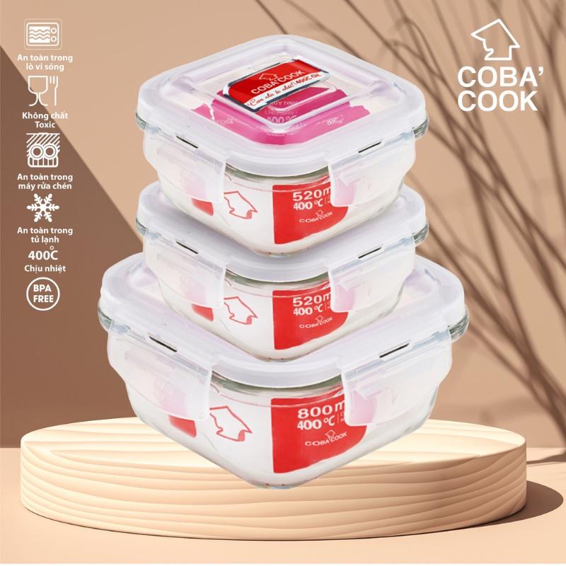 Bộ 3 hộp thủy tinh hình vuông trữ thực phẩm chịu nhiệt 1 hộp 800ml 2 hộp 520ml COBA'COOK-CCS8S53
