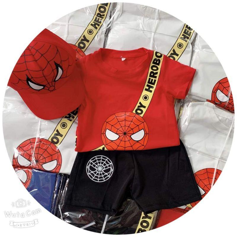 Bộ cotton in hình siêu nhân tặng kèm nón cho bé 8-20kg