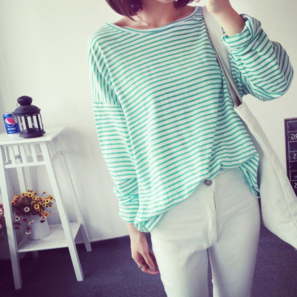 Áo Thun Tay Dài Dáng Rộng Cổ Tròn Hoạ Tiết Kẻ Sọc Cho Phái Nữ