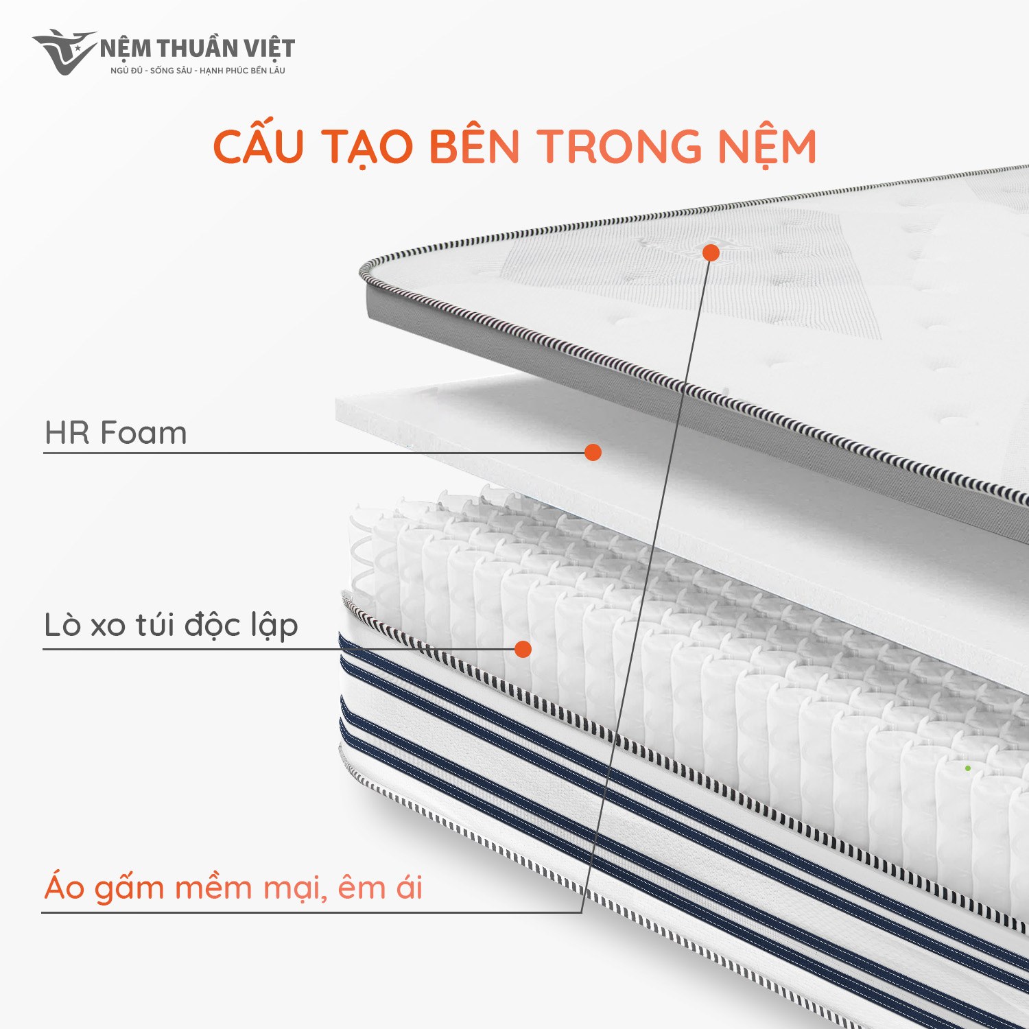 Nệm Lò Xo Thuần Việt Elite 22cm - Túi Lò Xo Độc Lập Giảm Tiếng Ồn, Gấp 3 Êm Ái &amp; Thoáng Khí - Cuộn Hút Chân Không Tiện Lợi, Dễ Dàng Vận Chuyển