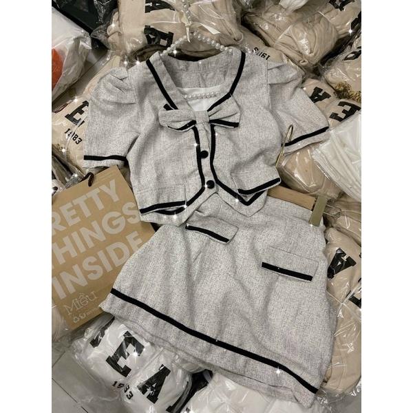 SET ÁO CROPTOP XÁM VIỀN NƠ NGỰC + CHÂN VÁY VIỀN