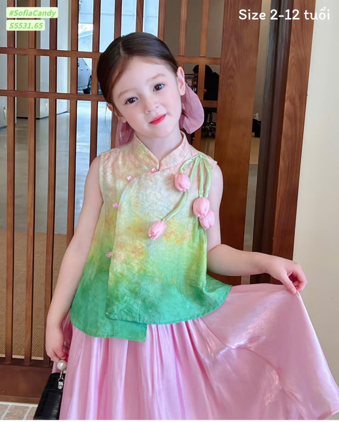 set váy đầm sườn xám cho bé gái diện tết năm mới 10-40kg lụa mềm mát hoa nổi