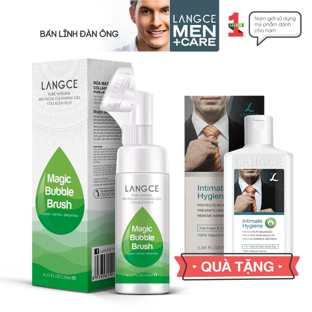 Cọ Massage Rửa Mặt Sáng Da Collagen+ Thải Độc Tố Kiềm Dầu 120ml cho Nam TẶNG Gel Vệ Sinh Vùng Kín Nam 100ml LANGCE