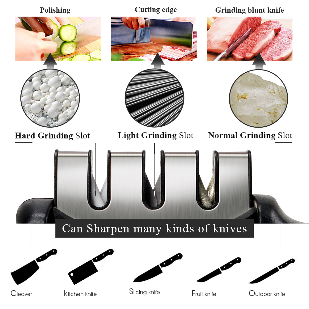 Knife Sharpener 3 Stages Professional Diamond Ceramic Rod Sharpener Sharpening Tool Stainless Steel Blade With Non-slip Base