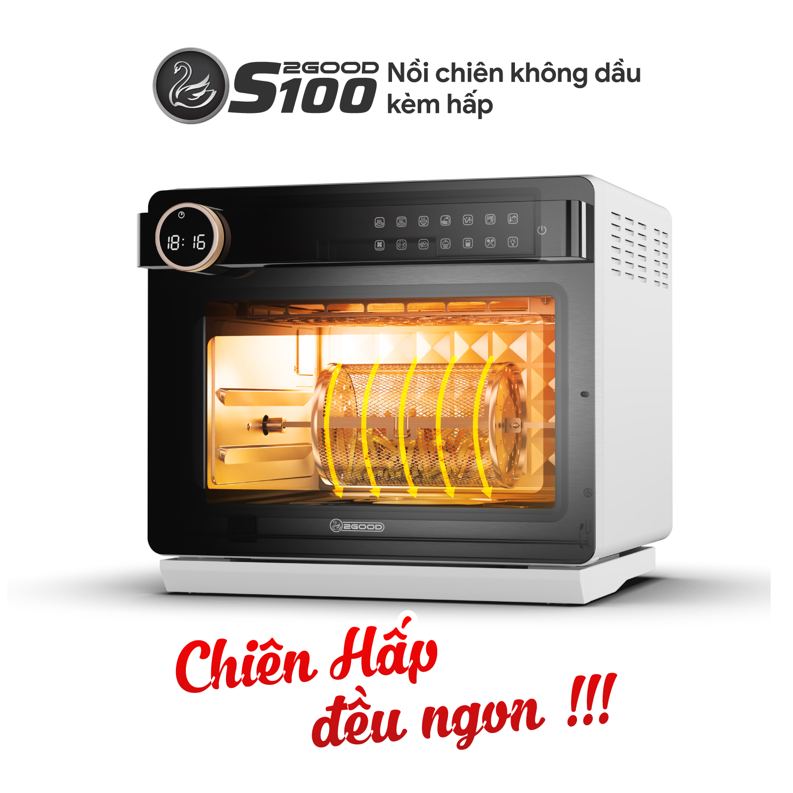 Nồi Chiên Không Dầu Kèm Hấp 2GOOD S100, Công nghệ SUPERHEAT, Bổ sung Xiên quay gà, Lồng tự đảo 360°, Full phụ kiện từ Inox 304 an toàn cho Sức khoẻ - Hàng Chính Hãng