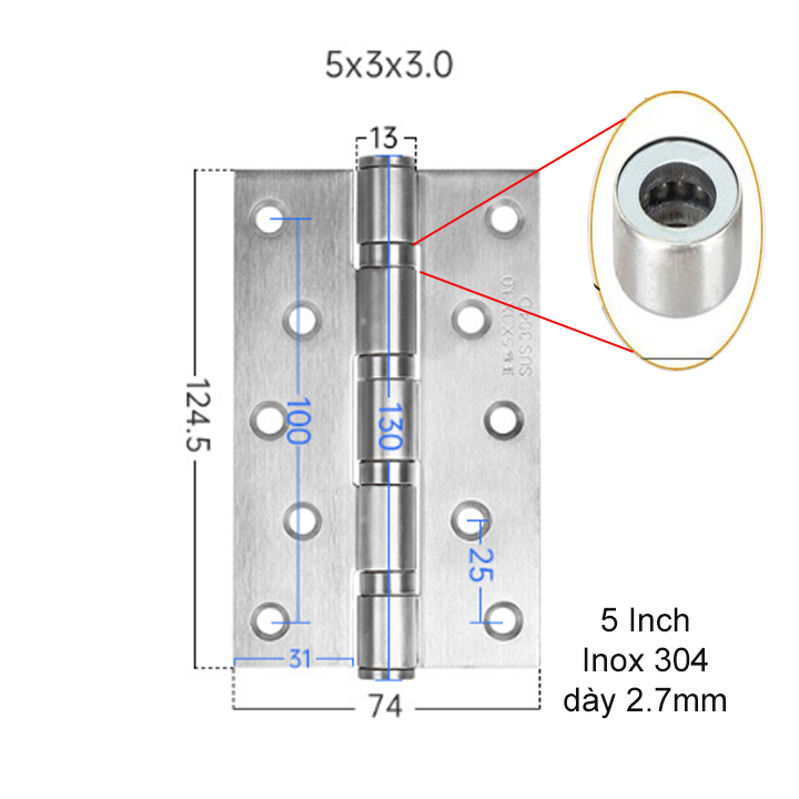 Bản lề lá phẳng 5 inch (5x4x2.5) bằng inox 304 dày 2.5mm cho cửa gỗ, cửa nhôm, cửa nhựa