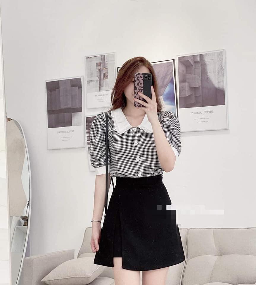 ÁO SƠ MI SỌC CARO ĐEN TRẮNG CỔ BÈO TRẮNG AM02