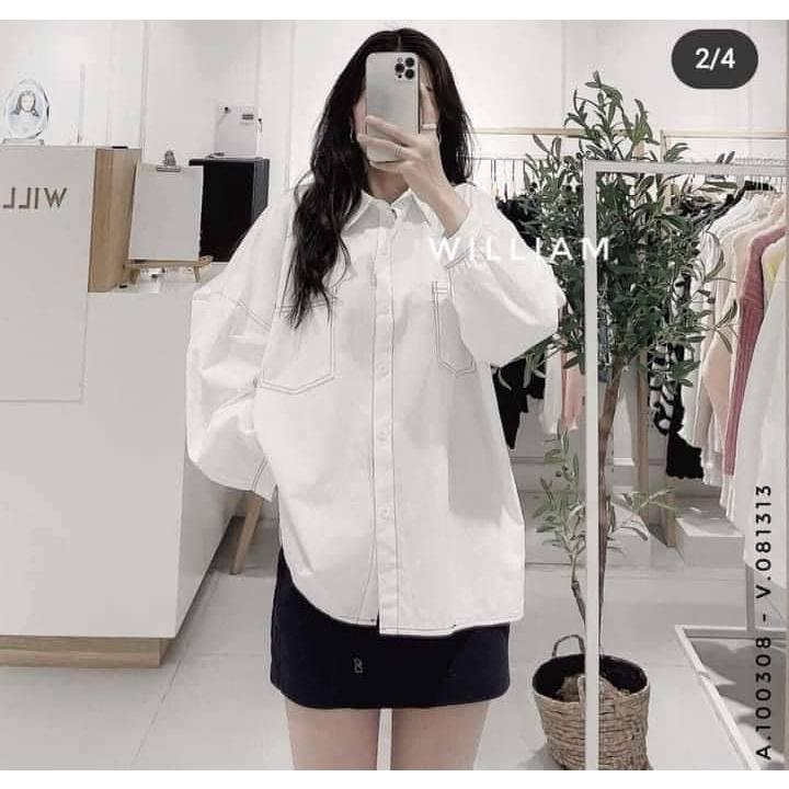 Áo Sơ Mi, Sơ Mi Nữ Fom Thụng OVersz, Chỉ Nổi Đen Trắng