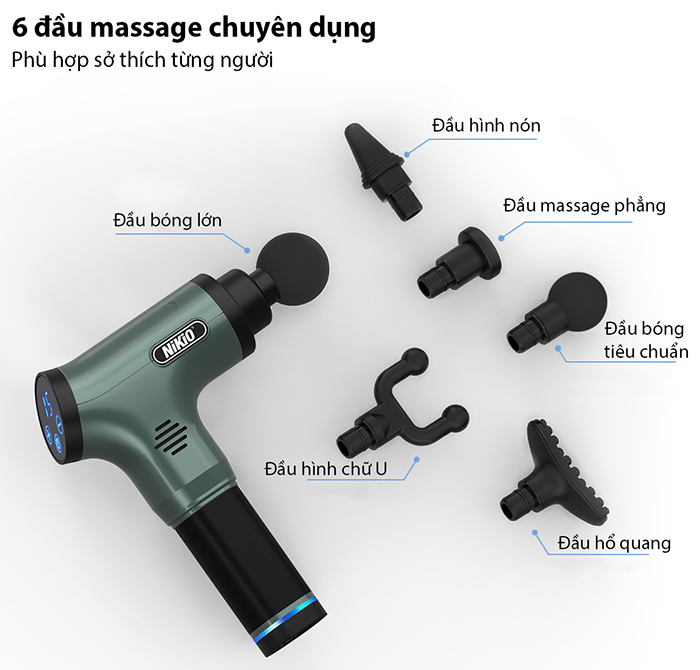 Máy (Súng) Massage Cầm Tay Nikio NK-172 - Kỹ Thuật Mát Xa Bộ Gõ Tân Tiến, Công Suất Cực Mạnh 110W, Tác Động Cực Sâu Vào Cơ Bắp, 6 Đầu Và 6 Tốc Độ Mát Xa Giảm Căng Cứng Và Đau Nhức Cơ Nhanh - Pin Khủng 2500 mAh, Sạc Chạm Thông Minh