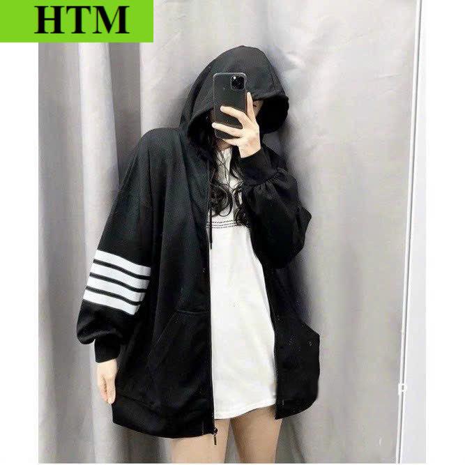 Áo Khoác Nữ Hoodie Màu Đen Dây Kéo 3 Gạch Tay Nỉ Dày Dặn Kiểu Hàn Quốc Thời Trang Siêu Đẹp HTM FASHION