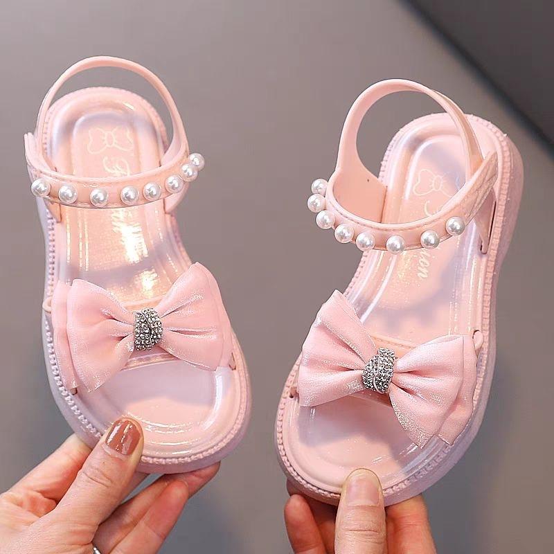 Giày sandal bé gái đính nơ hạt châu cực xinh chất nhựa mềm dẻo chống trơn chống nước đi học đi biển - SE002 - Đen