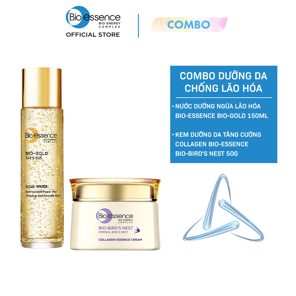 Combo Nước dưỡng ngừa lão hóa Bio-essence Bio-Gold 150ml &amp; Kem dưỡng da collagen Bio-essence Bio-Bird's nest 50g