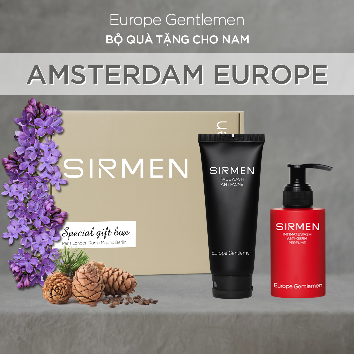 [Combo Amsterdam Europe] Dung dịch vệ sinh nam &amp; Sữa rửa mặt SIRMEN Europe Gentlemen dòng cao cấp chiết xuất tự nhiên công nghệ EU-Nano đậm đặc gấp 2 lần