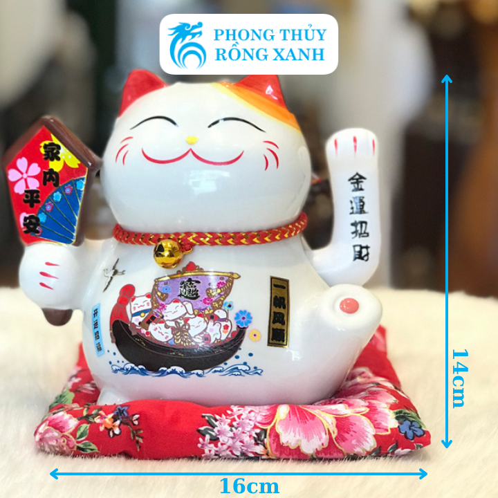 Mèo Thần Tài-Mèo May Mắn Chiêu Tài Đón Khách-Mèo Cầm Thẻ Bài Vẫy Tay 16cm-Gốm Sứ Cao Cấp