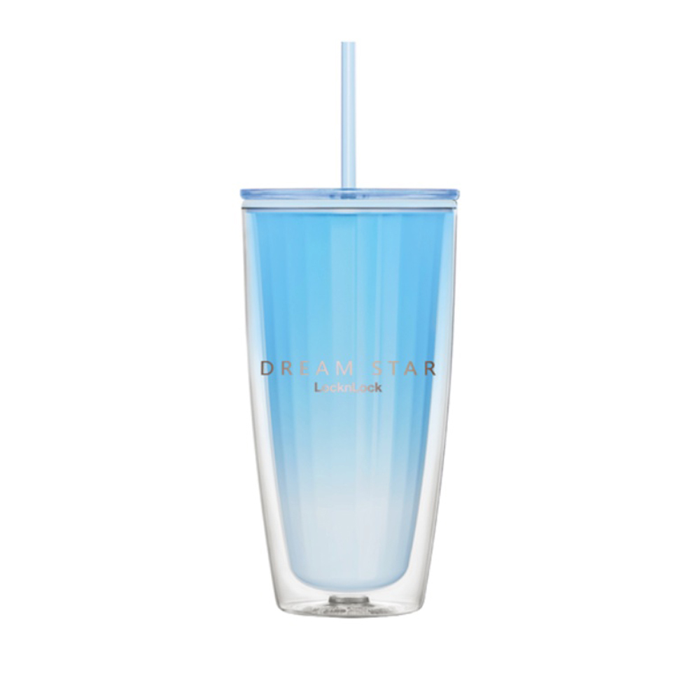 Ly nhựa 2 lớp Lock&amp;Lock màu xanh trắng HAP522BLU 750ml - Hàng chính hãng, có ống hút, có nắp đậy - JoyMall