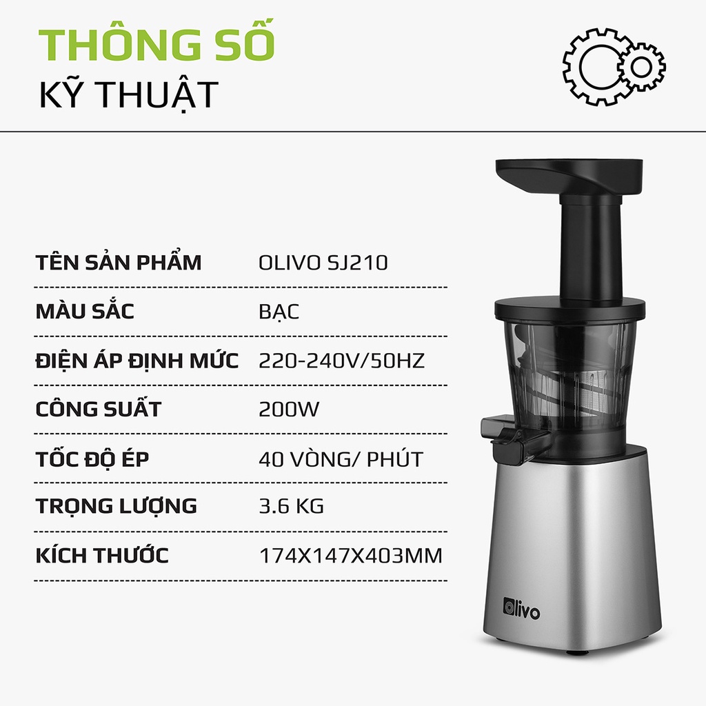 Máy Ép Chậm OLIVO SJ210- Ép Kiệt Bã 97% - Ép Trái Cây Hoa Quả Rau Củ Đa Năng, Hàng Chính Hãng