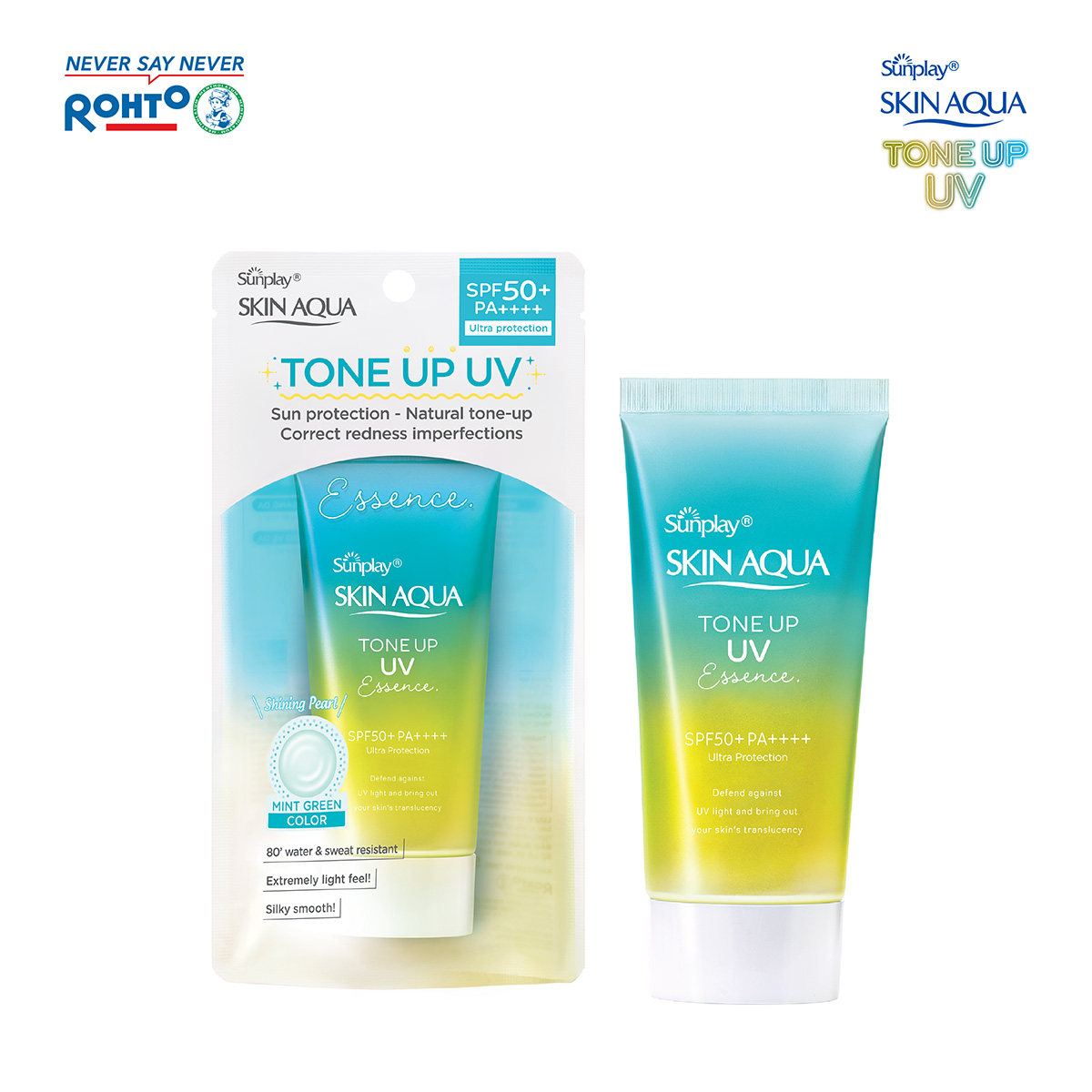 Kem chống nắng nâng tông Skin Aqua Tone up Mint Green cho da trắng có khuyết điểm đỏ, dạng tinh chất Sunplay Skin Aqua Tone Up UV Essence Mint Green SPF 50+ PA++++ 50g