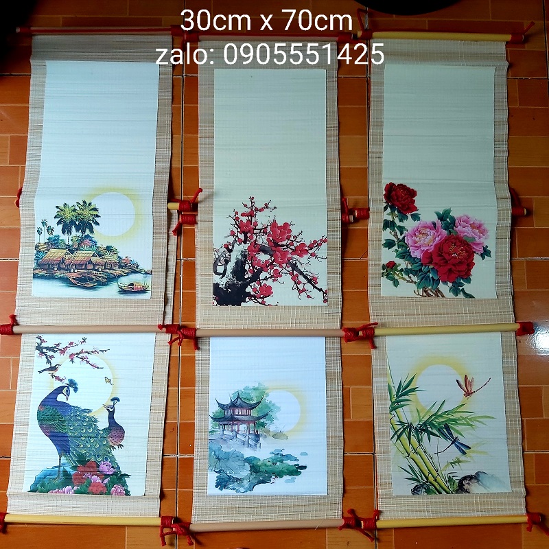 Bộ 4 mành tre viết thư pháp có in cảnh kích thước 30cm x 70cm