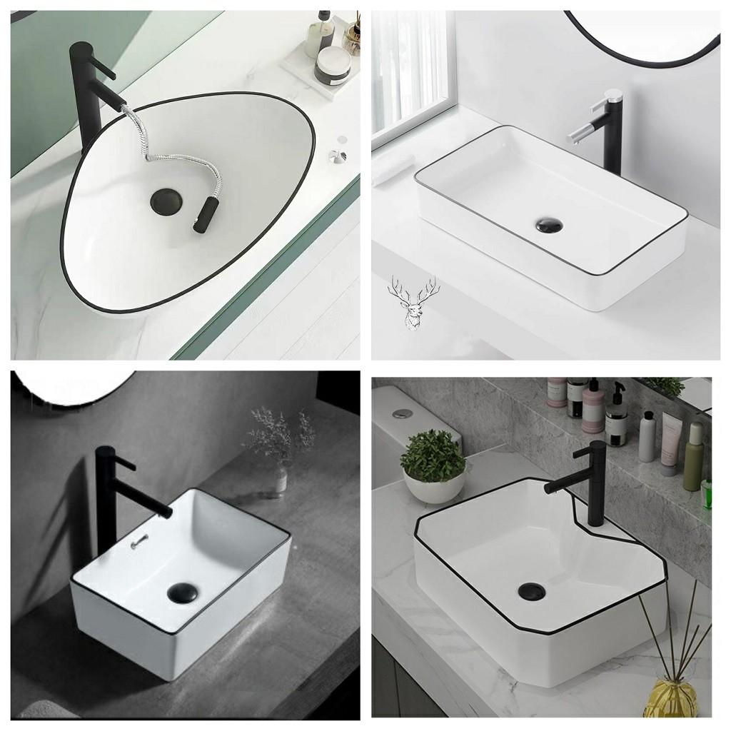 Chậu sứ lavabo để bàn màu trắng viền đen nghệ thuật loại lòng chậu sâu, mã M21DT