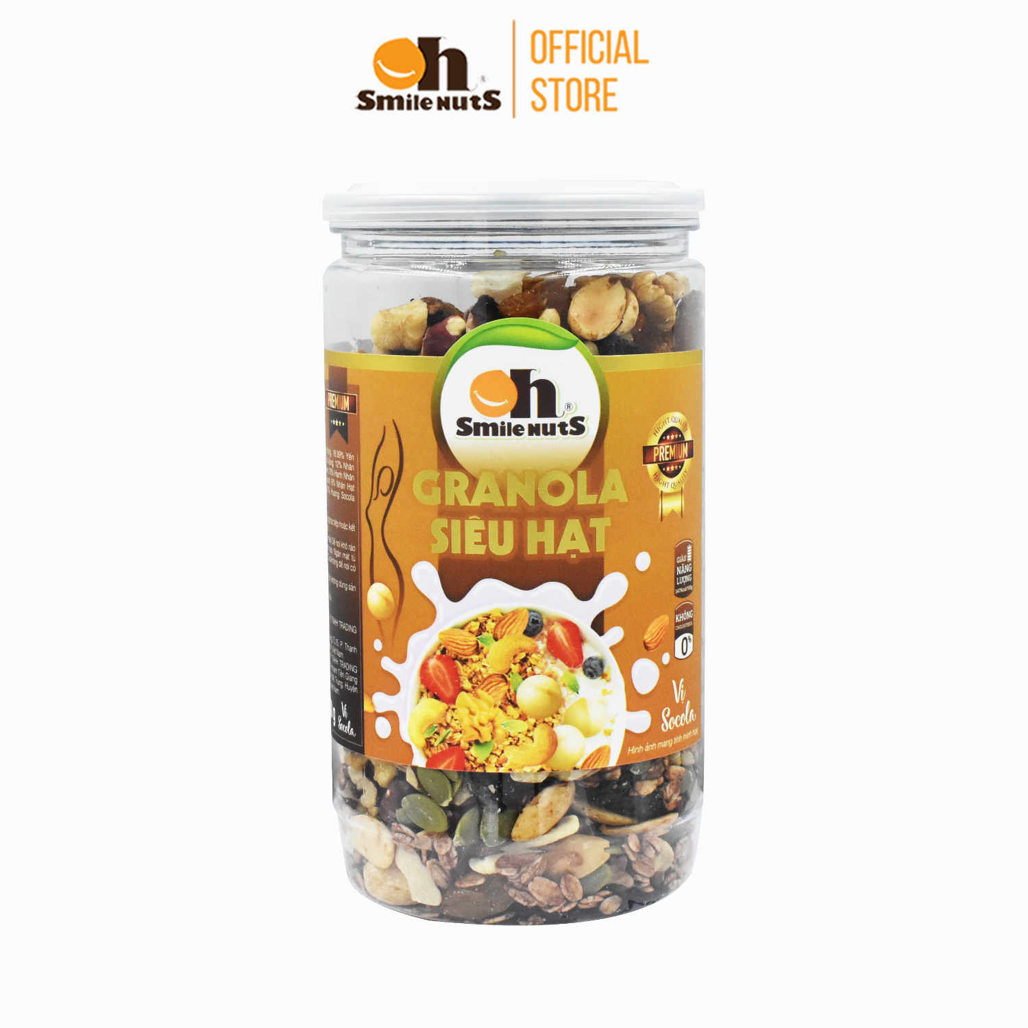 Granola ăn kiêng Siêu Hạt Smilenuts vị Socola hủ 450g - Gồm Hạnh Nhân bóc vỏ, Nho khô, Óc Chó, Yến Mạch, Hạt điều, Nhân bí xanh và Mật ong _ Ngũ cốc ăn kiêng Siêu hạt vị Socola