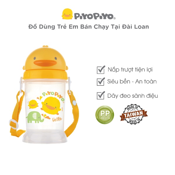 Bình nước nắp trượt Piyo Piyo có ống hút và dây đeo cho bé 350ml - PY830419