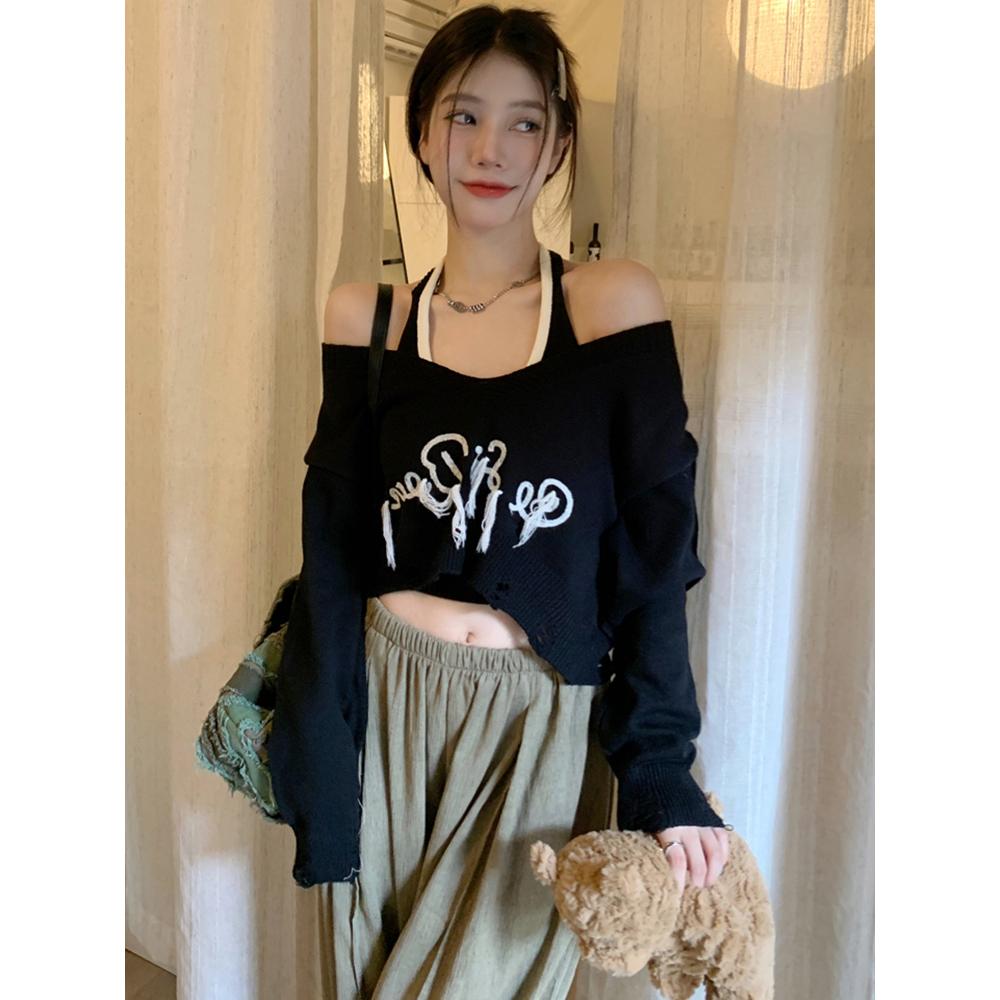 [L2M] Set (2 MÓN) áo CỔ V TUA RUA tay dài kèm áo YẾM Cardigan dệt kim xinh xắn