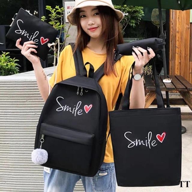 Balo nữ combo 4 món đi học thời trang sinh viên học sinh ba lô set cặp thời trang laptop Balo Set 4 Món Smile balo nữ vải