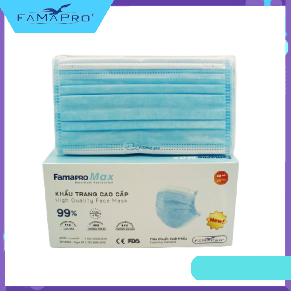 [[ Xuất Khẩu Mỹ ]] - Khẩu Trang Y Tế Cao Cấp Famapro Người Lớn - 4 Lớp Max (40 Cái / Hộp) - BFE, VFE, PFE ≥ 99% Lọc Khuẩn, Bụi, Virus Tốt Nhất - MÀU XANH