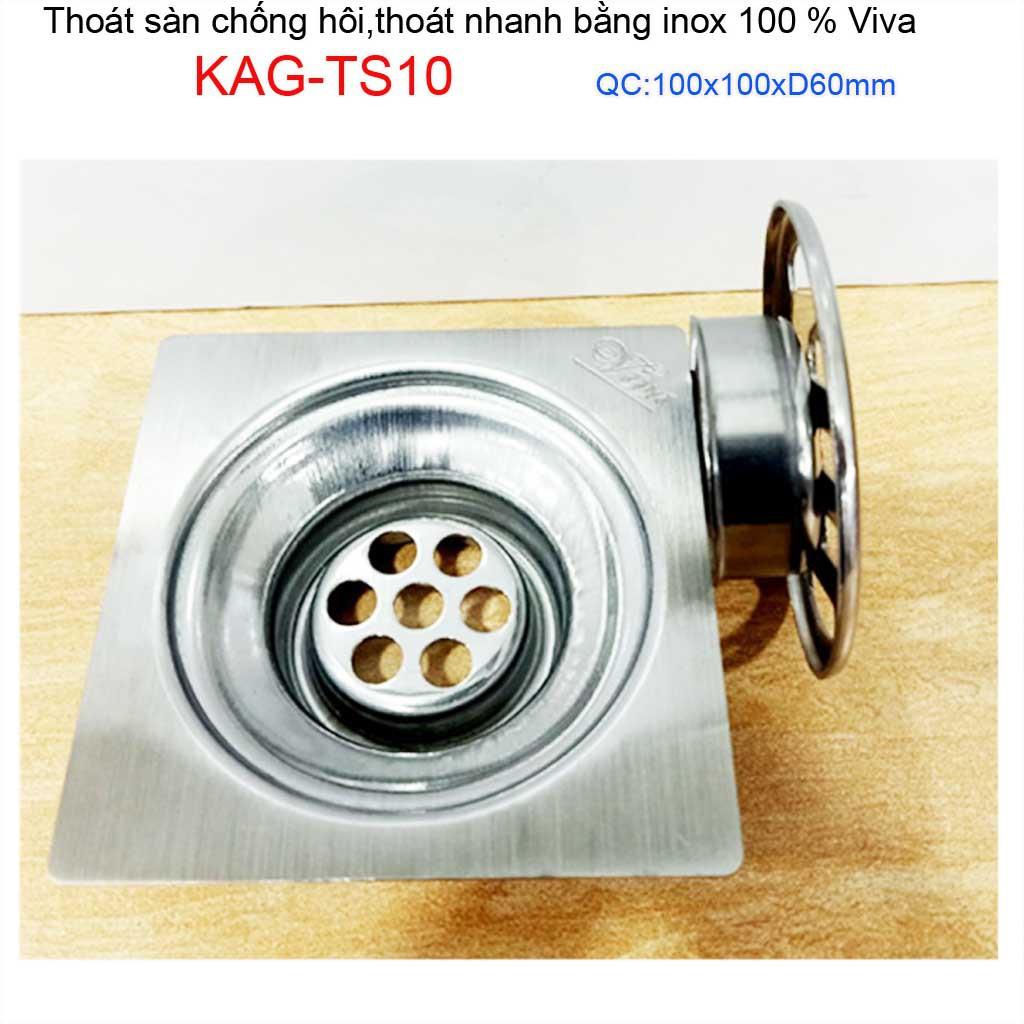 Hố ga thoát sàn viva ống 6cm Inox mờ, phễu thoát nước chống hôi vuông 10x10cm KAG-TS10 -D60