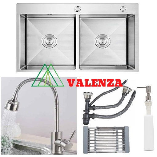 Chậu rửa bát Valenza sus304 8245 hố cân, vòi rửa bát lò xo cần mềm nóng lạnh, xả, rổ, bình xà phòng