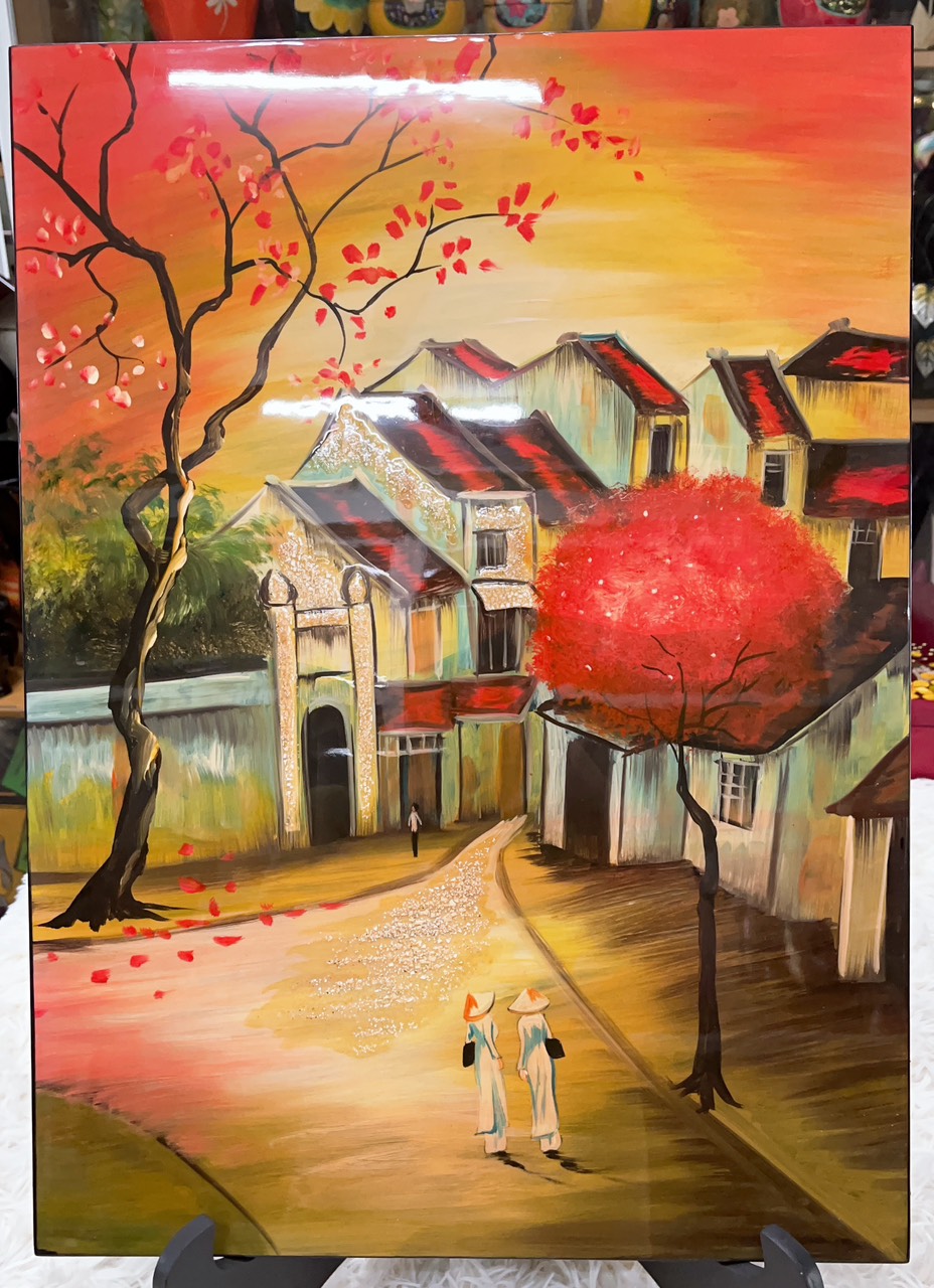 Tranh sơn mài phố cổ vẽ màu cẩn trứng đẹp Thanh Bình Lê, hàng xuất khẩu 40x60 cm