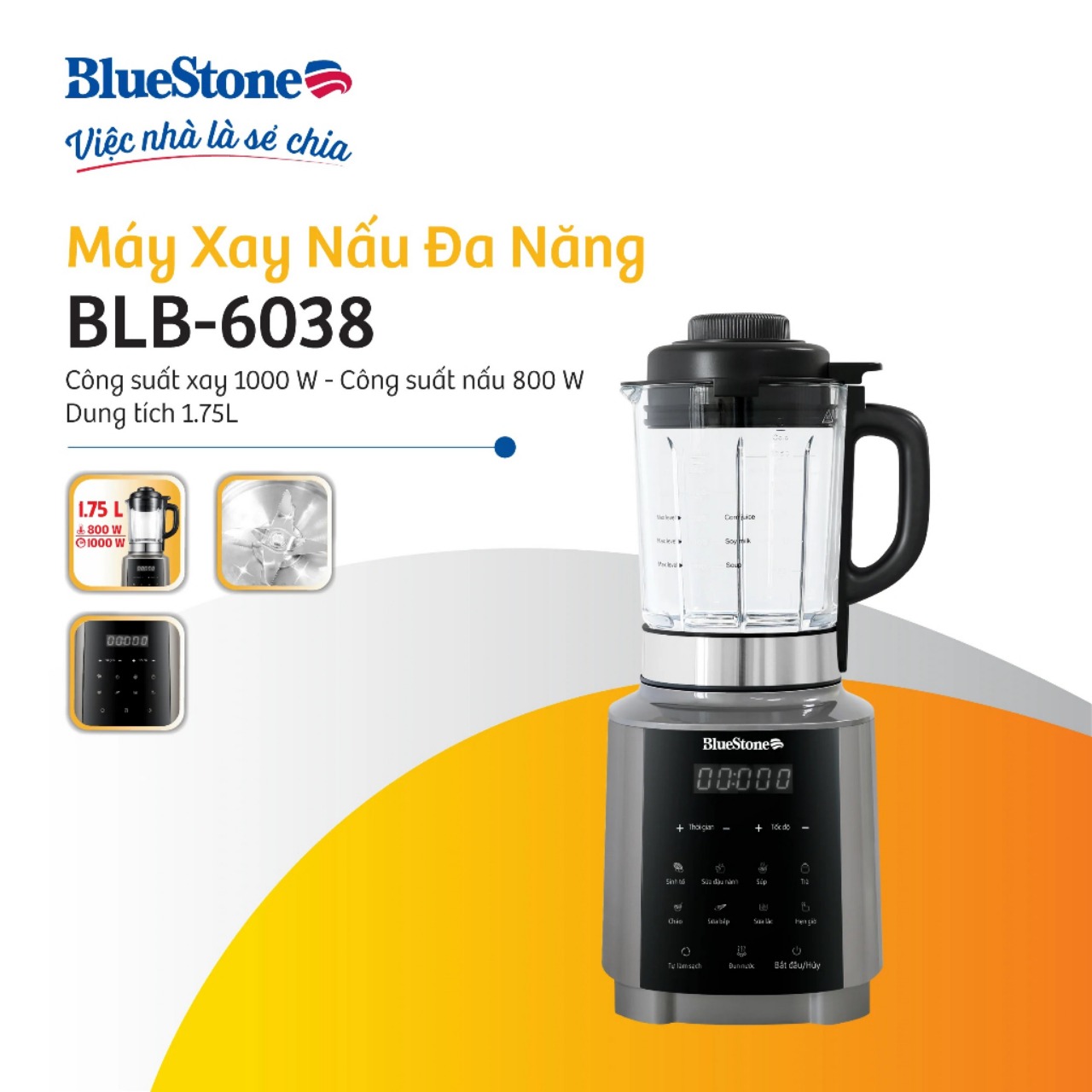 Máy Làm Sữa Hạt BlueStone BLB-6038, Mâm Nhiệt Chống Dính Ceramic, 1800W -1,75Lit, Hàng Chính Hãng