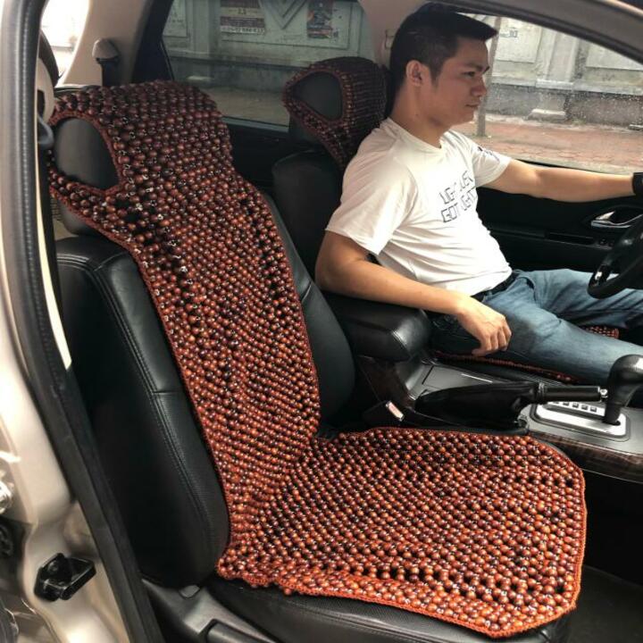 Hạt gỗ tựa lưng massage ô tô 100% gỗ Hương Nâu tự nhiên, đan kết diềm mép cao cấp Dạng Mũ HND-M