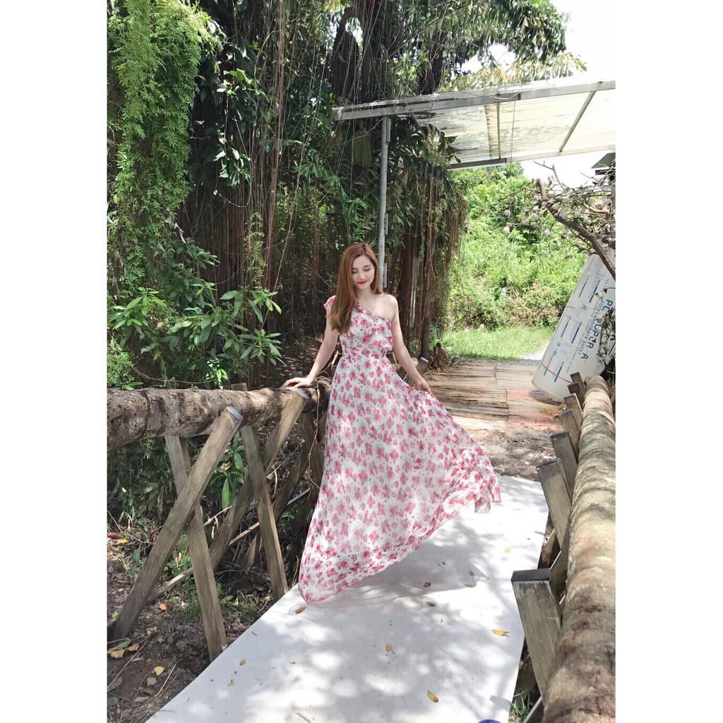 Đầm maxi hoa lệch vai bèo dễ thương, sang trọng