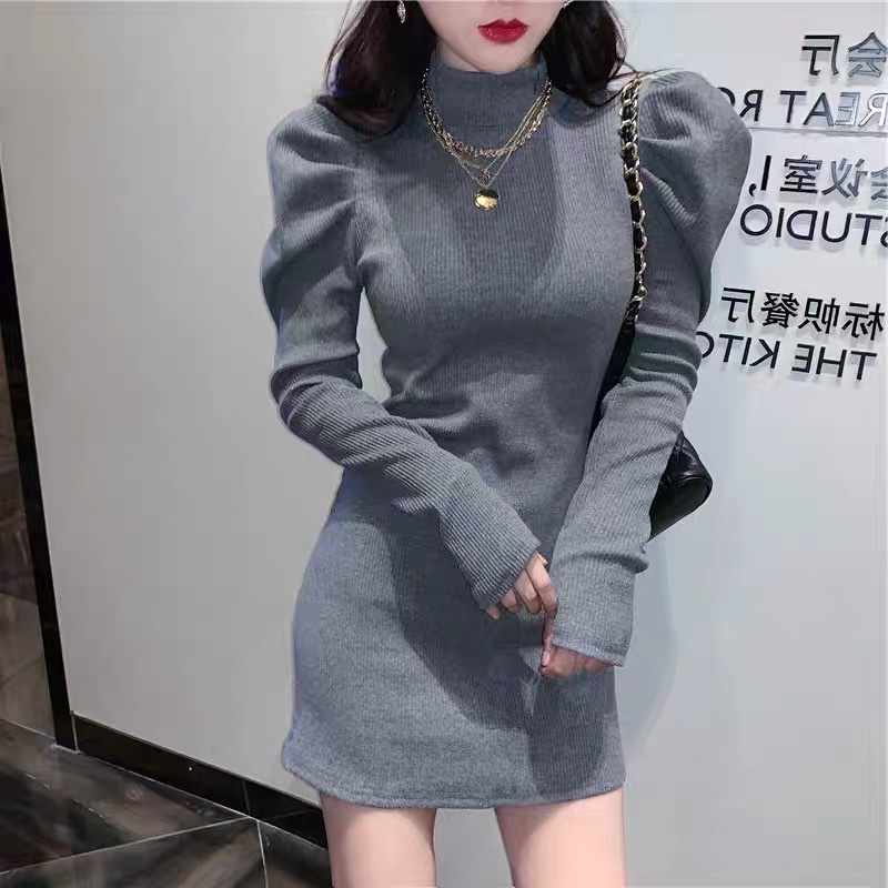 Đầm body cổ lọ tay phồng dáng ngắn phong cách Hàn Quốc hàng có sẵn tại Hana Store
