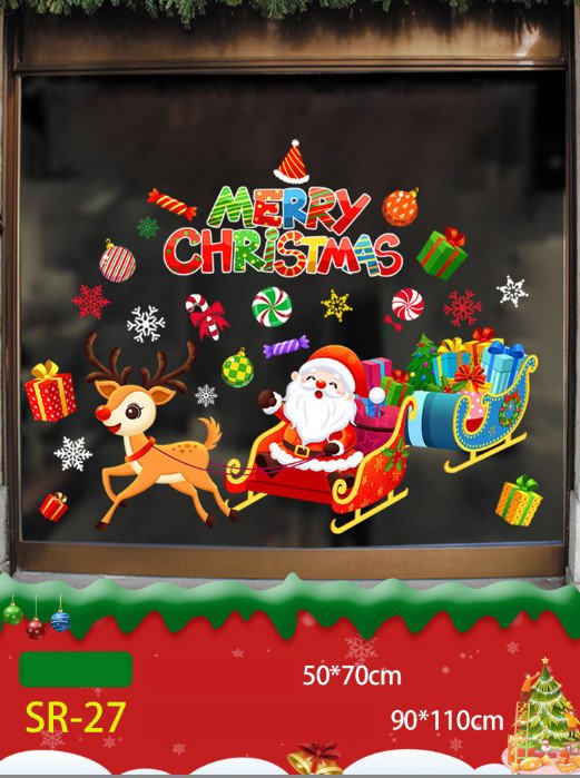 Decal trang trí Noel hít tĩnh điện - Tuần lộc kéo xe ông già Noel và xe quà