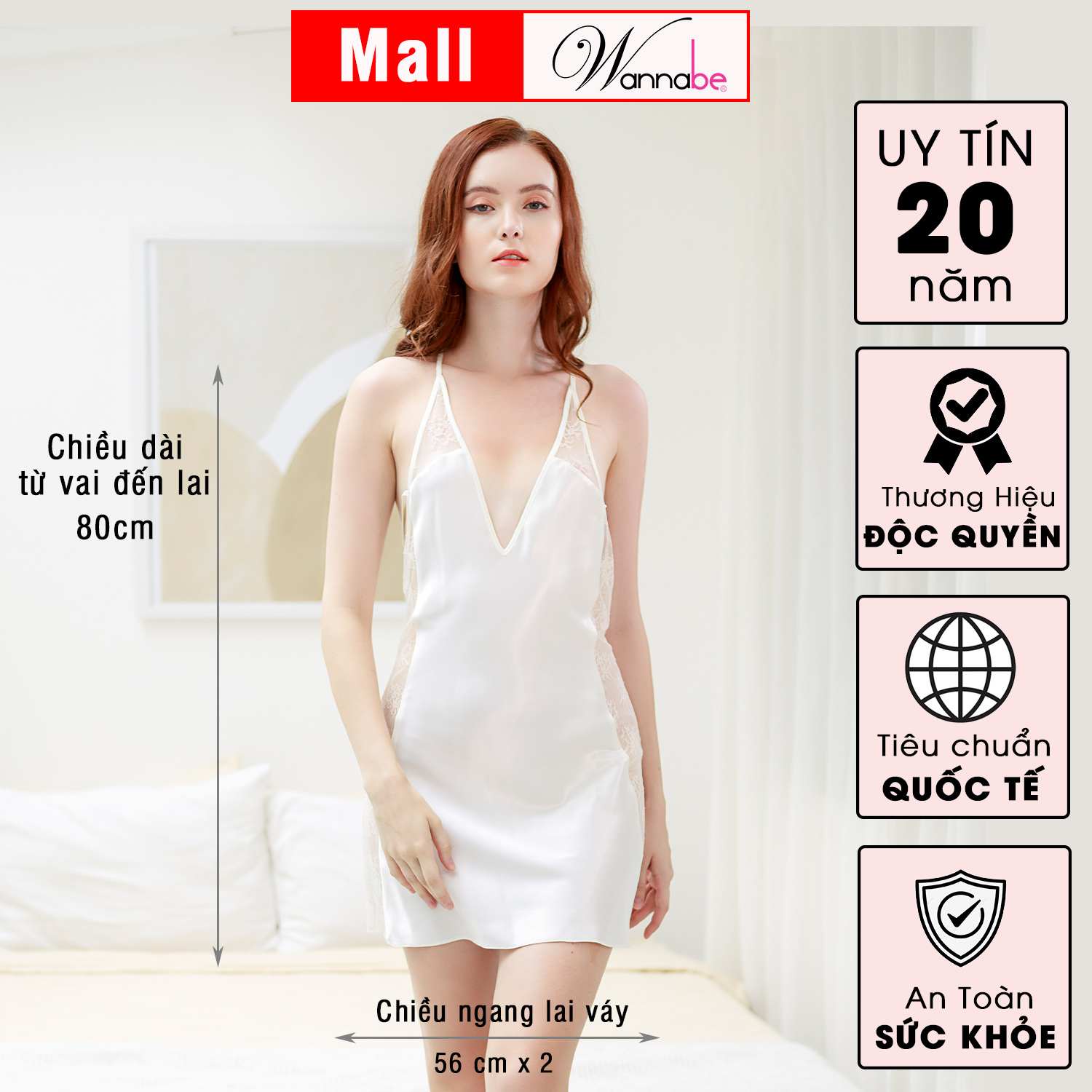 Đầm ngủ WANNABE DNS36 váy ngủ lụa cổ chữ V xẻ sâu, lưng cut-out đan 8 dây phối ren khoe vai eo mông đùi quyến rũ gợi cảm