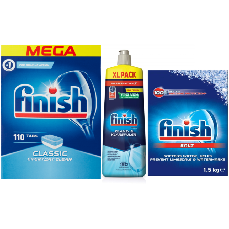 combo viên rửa bát finish 110 viên+nước làm bóng finish 800ml+muối rửa bát finish 1,5kg dùng cho máy rửa bát