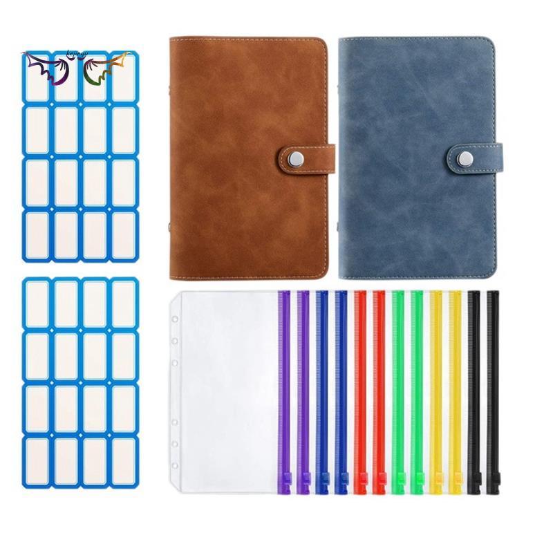 2 Pcs 6-Ring Notebook Binder PU Leather Loose Leaf Notebook Binder Cover with 12Pcs Plastic A6 Binder Envelopes Pouches