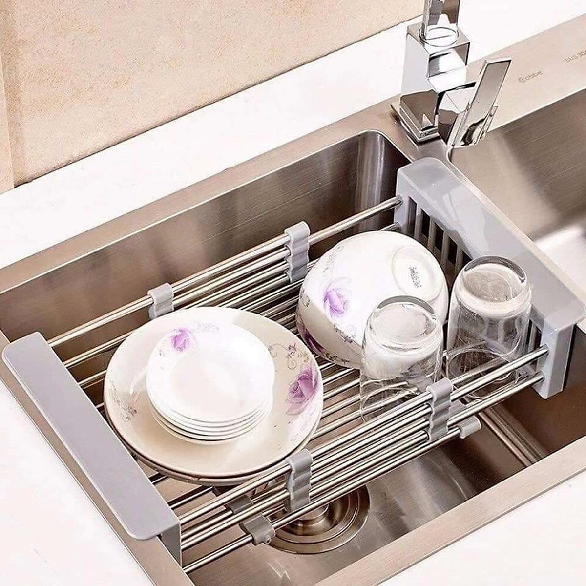 Combo chậu rửa chén bát inox 1 hố 6045, vòi rửa bát inox nóng lạnh cổ ngỗng, bình xà phòng, rá inox, bộ xiphong ống xả chậu