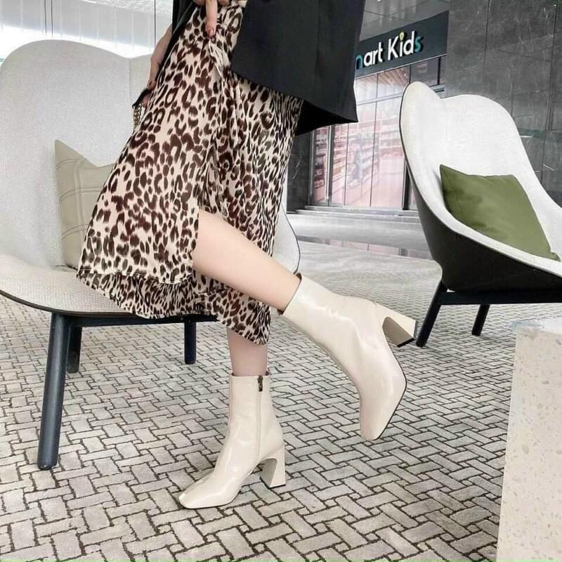 Bốt nữ cao gót chất da bóng màu đỏ, đen, kem