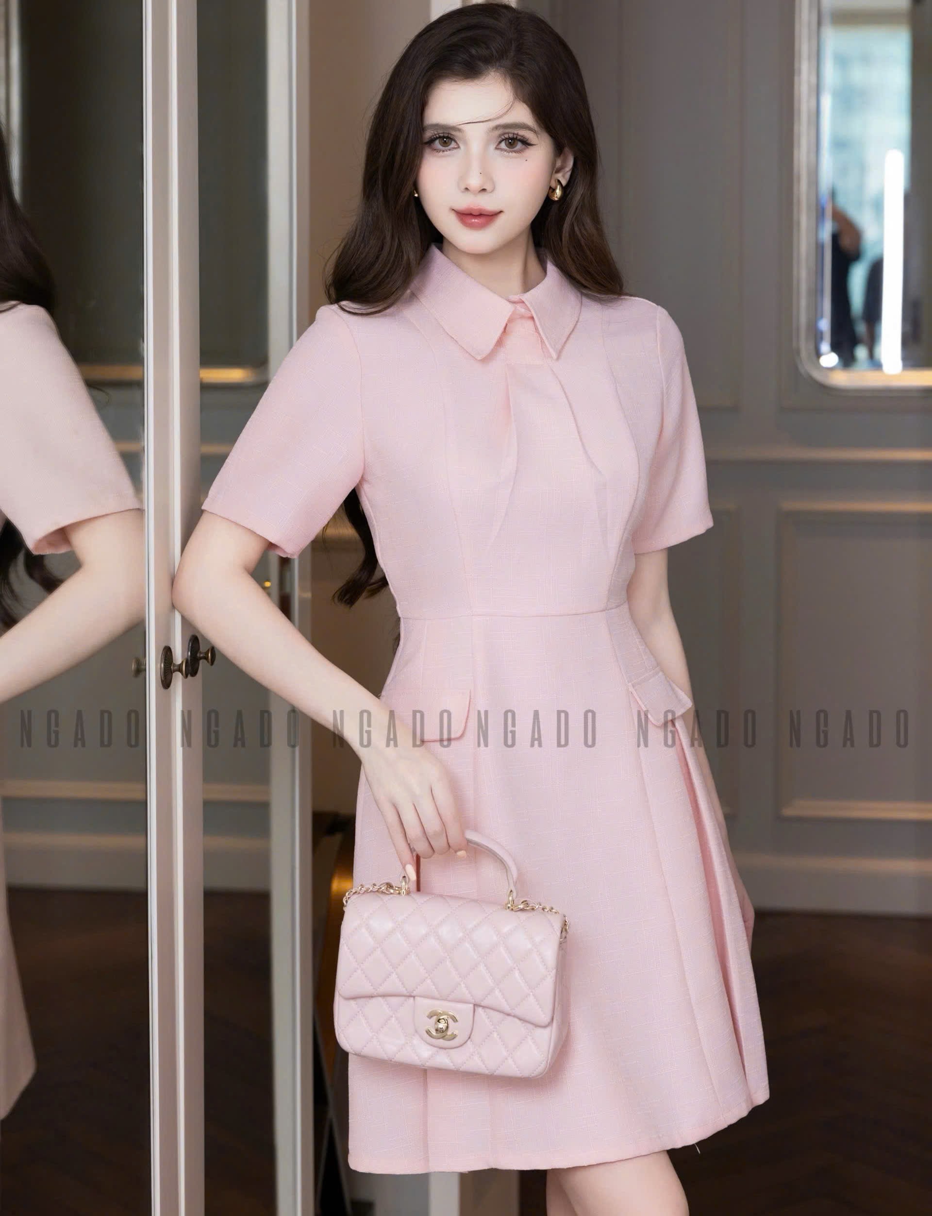 Đầm sơ mi hồng ngắn tay NGADO , đầm sơ mi , đầm nữ , đầm công sở, dự tiệc
