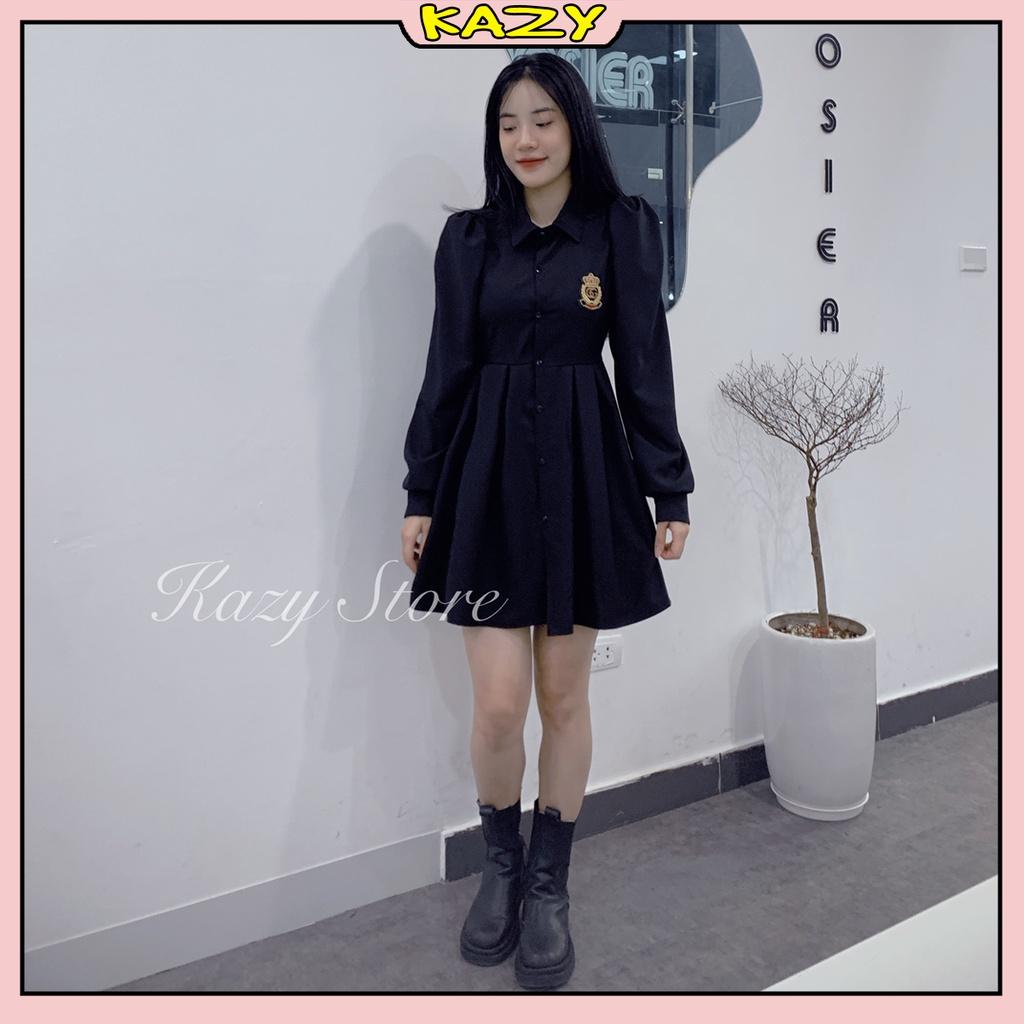 Váy sơ mi logo khoét lung thắt nơ tay dài KAZY STORE V023