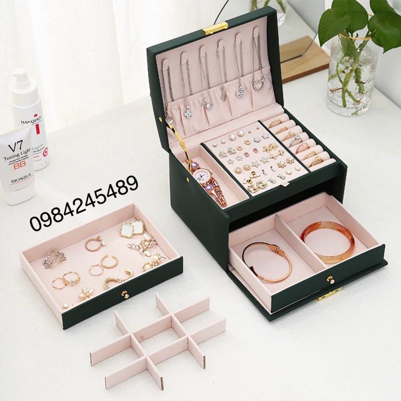 Hộp đựng trang sức cao cấp bọc da PU 3 tầng có khoá có gương