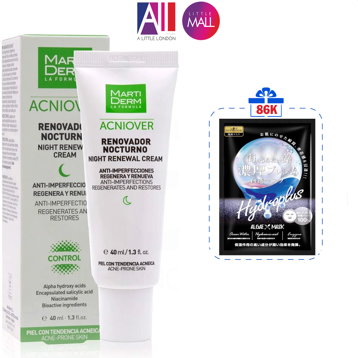 Kem dưỡng tái tạo cho da dầu mụn MartiDerm acniover night renewal cream 40ml TẶNG mặt nạ Sexylook