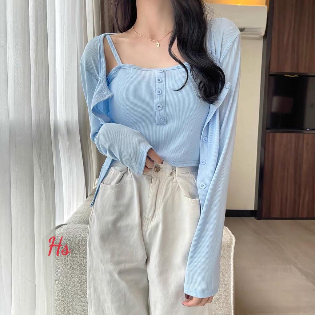 Set Áo Cardigan Kèm Áo 2 Dây Hàng Cúc Giữa, Bộ Áo Dài Tay Nữ Cotton 4 Màu