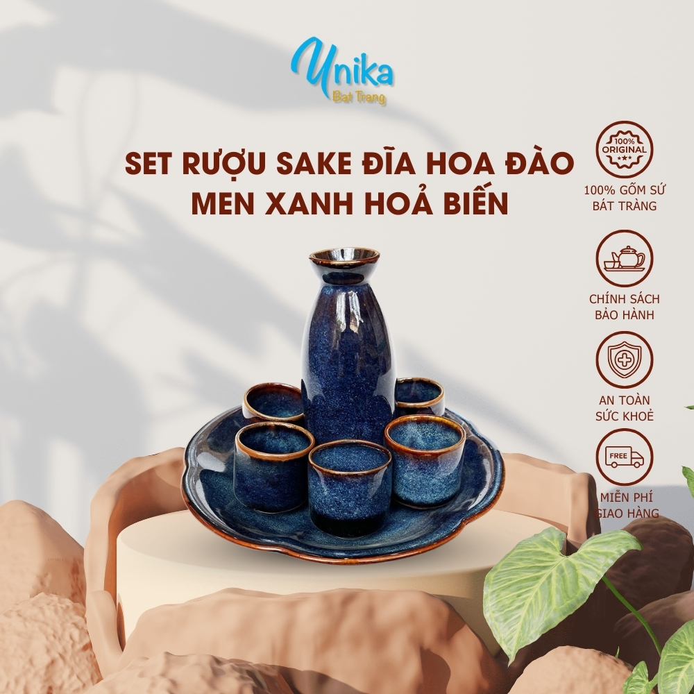 Set sake cao đĩa tròn hoa men xanh hỏa biến - Bộ sake gốm Unika Bát Tràng