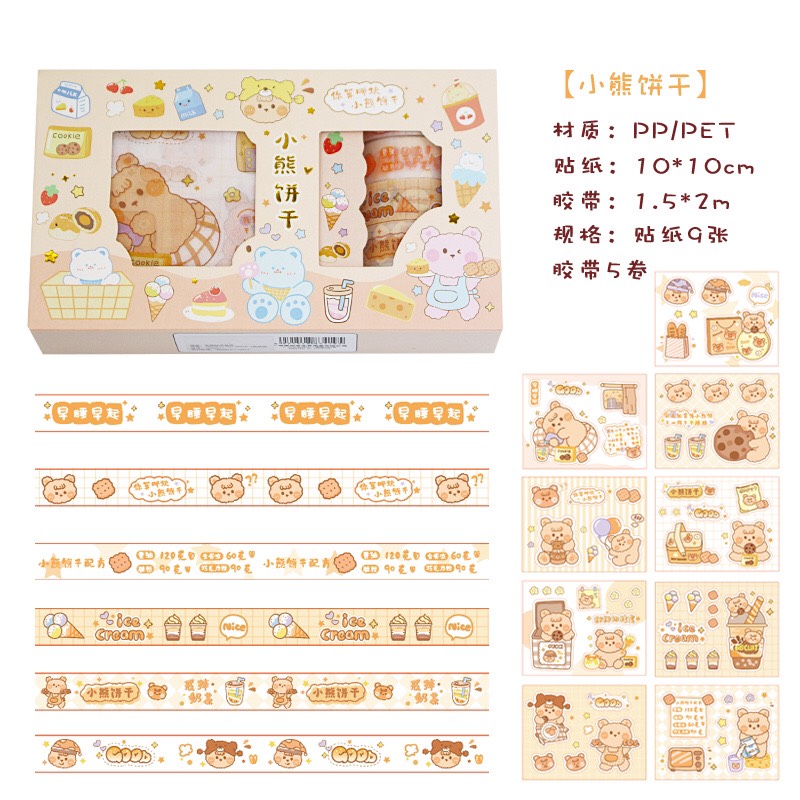 Hộp Washi Tape Trang Trí Sổ Tay set 5 Cuộn Băng Dính Và Bộ Hình Dán Sticker Siêu Kute