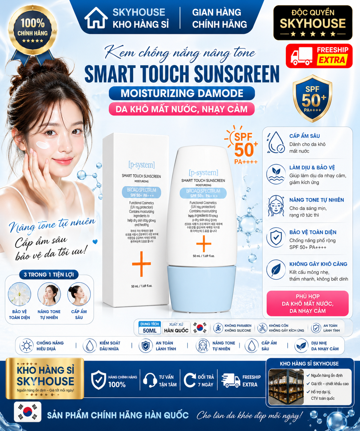 Kem chống nắng nâng tone SMART TOUCH SUNCREEN MOISTURIZING DAMODE chai 50ml da khô mất nước nhạy cảm chính hãng Hàn Quốc